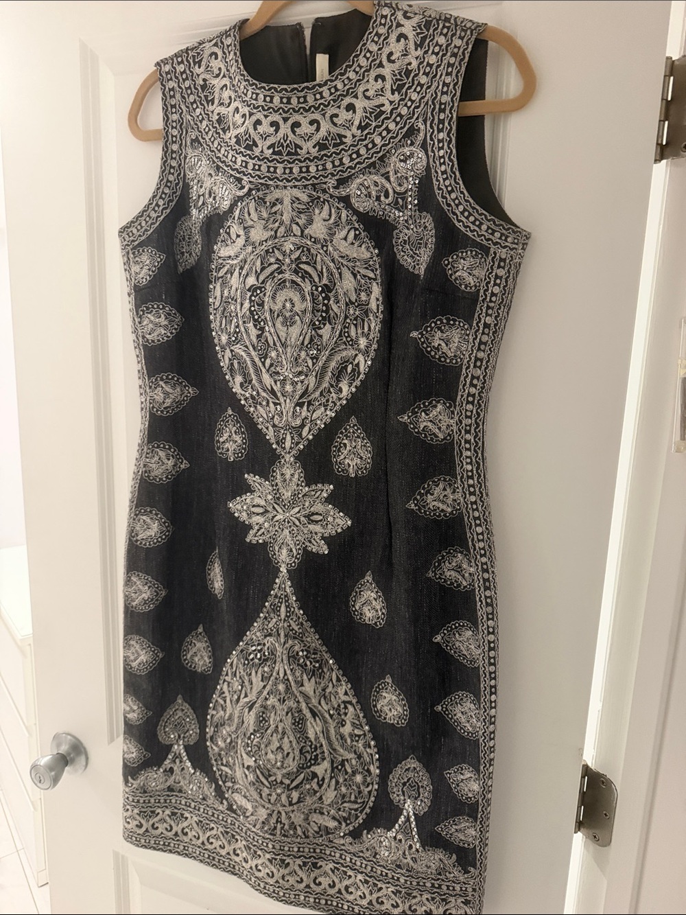 Naeem Khan Black Sheath Dress with White Paisley Embroidery